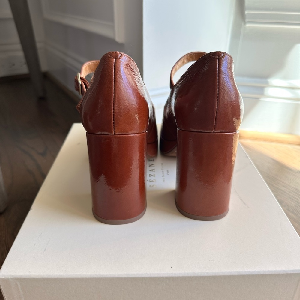 NIB Sezane Georgia Brown Patent Leather Mary Janes Platform Heels Pumps 37 - Picture 6 of 8